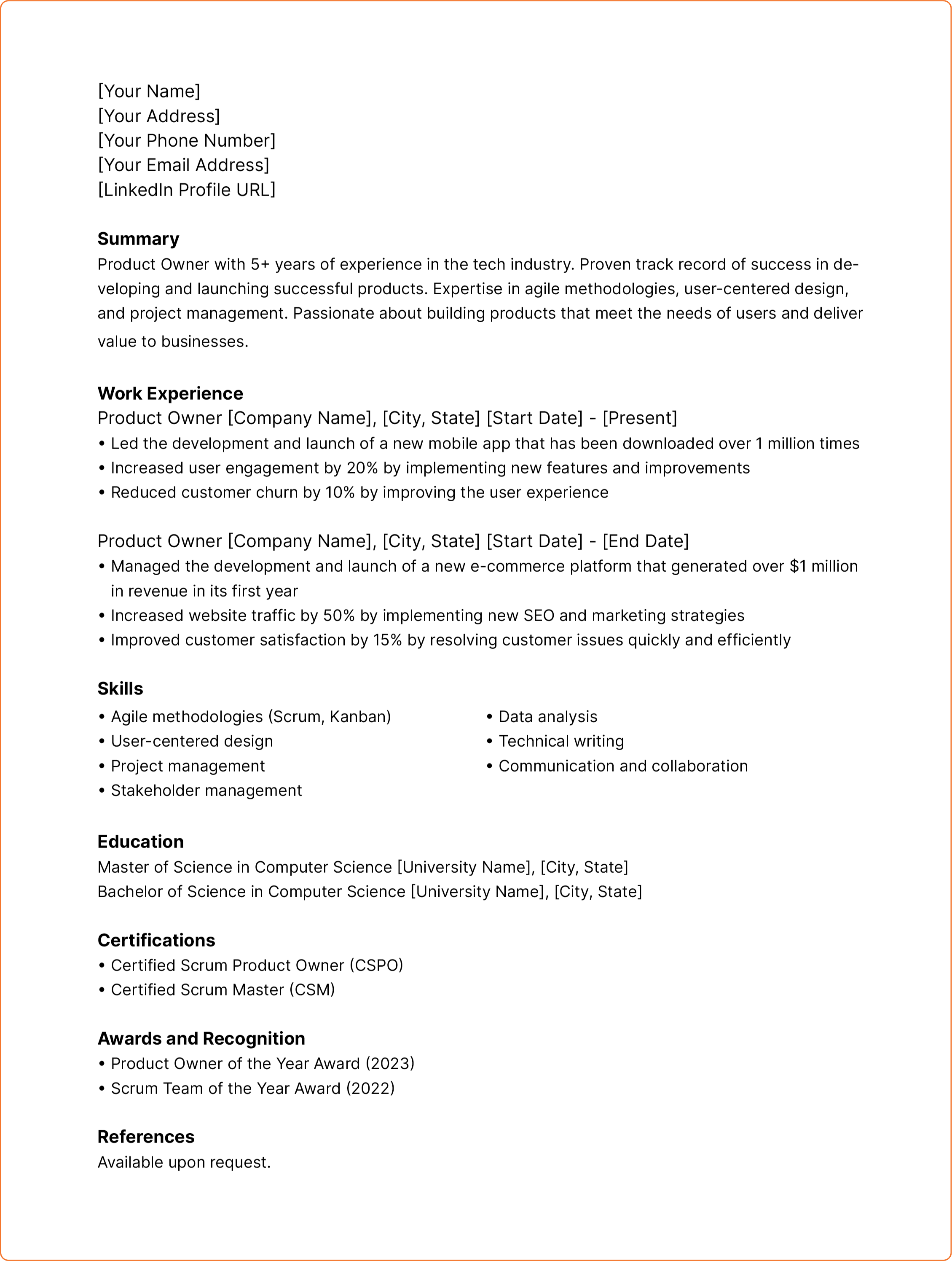 A sample resume template for a product owner